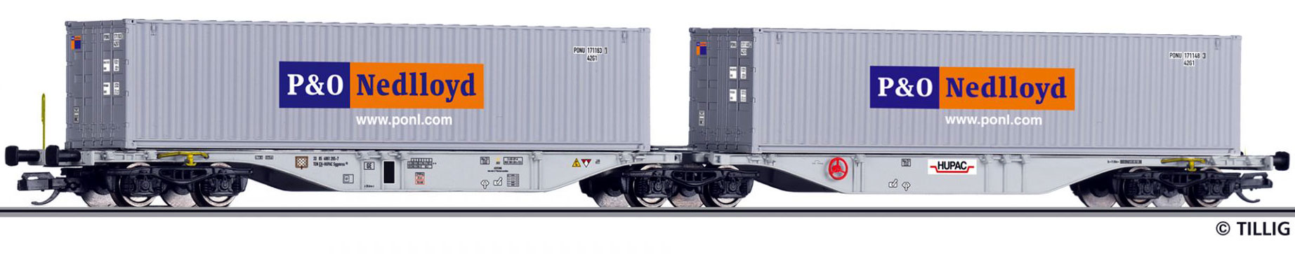 18068 TT Hupac Containertragwagen Sggmrs beladen mit Containern_Tillig_1 21