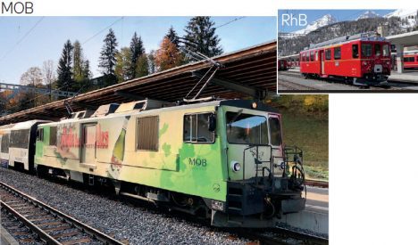 Bemo H0m: MOB GDe 4/4 6006 «Aigle les Murailles», RhB Bernina ABe 4/4 46 und Güterwagen-Varianten