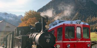 Dampflok Heidi trifft Triebwagen 491 Fotomontage_Bahnmuseum Albula_2021