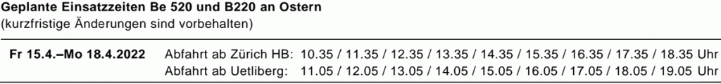 Fahrplan Be 520 Uetlibergbahn Ostern 2022_SZU_4 22