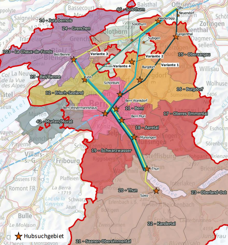 Einzugsgebiete Hubsuchgebiete Marktgebiet Bern-Thun-Biel Varianten Linienfuehrungen_CST_2023